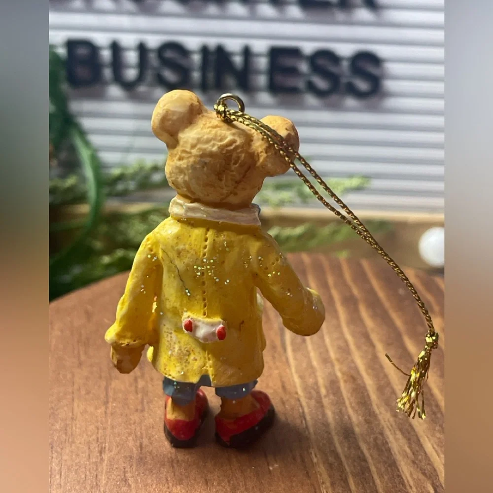 Vintage Resin Bear Christmas Ornament – Yellow Raincoat, Red Shoes, Glitter, 3”